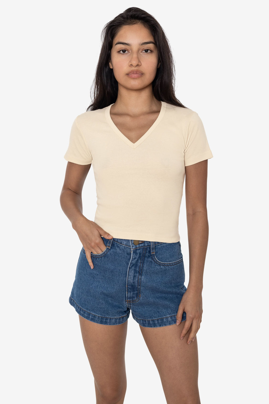 4356 - Baby Rib Short Sleeve V-Neck Crop Tee