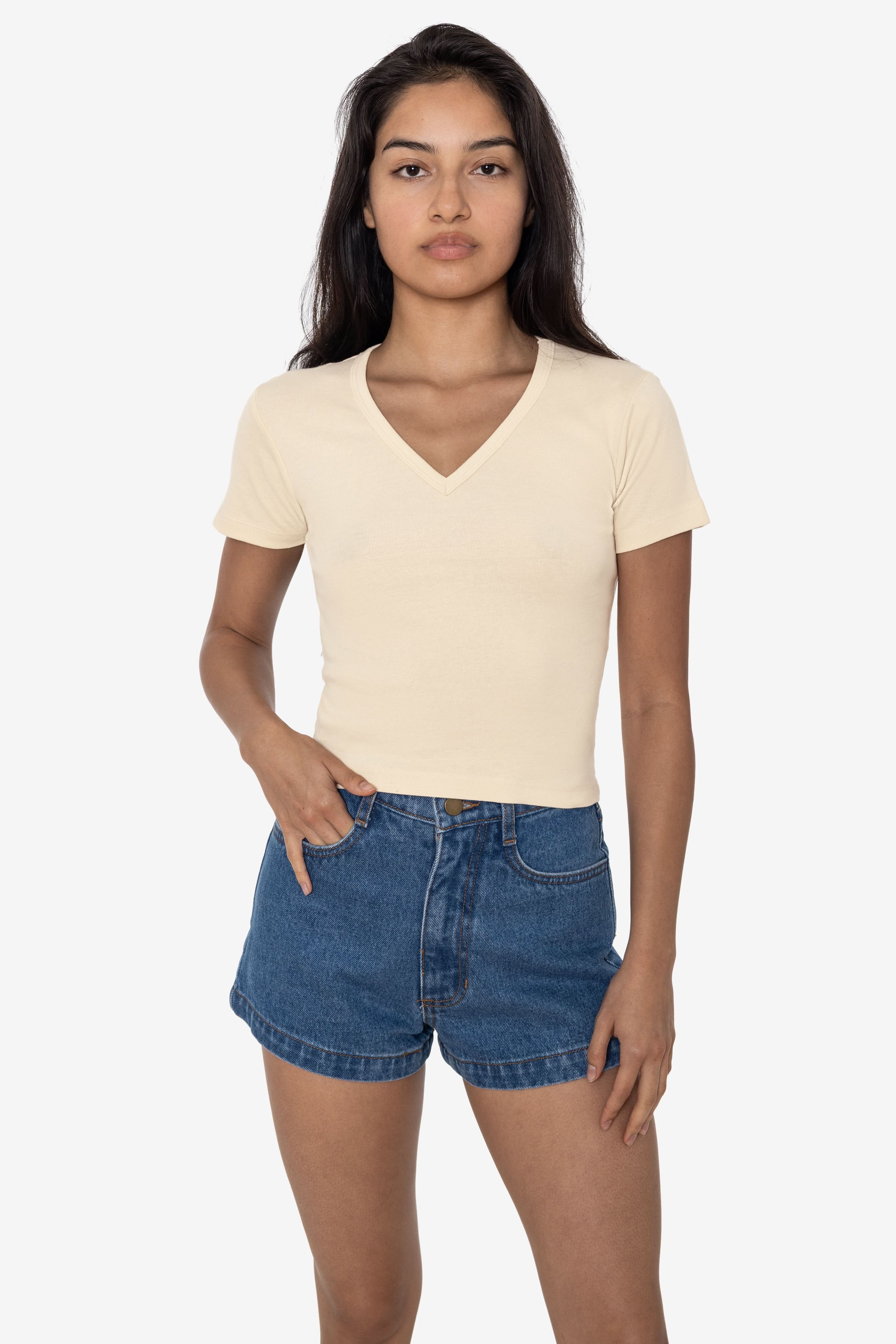 4356 - Baby Rib Short Sleeve V-Neck Crop Tee