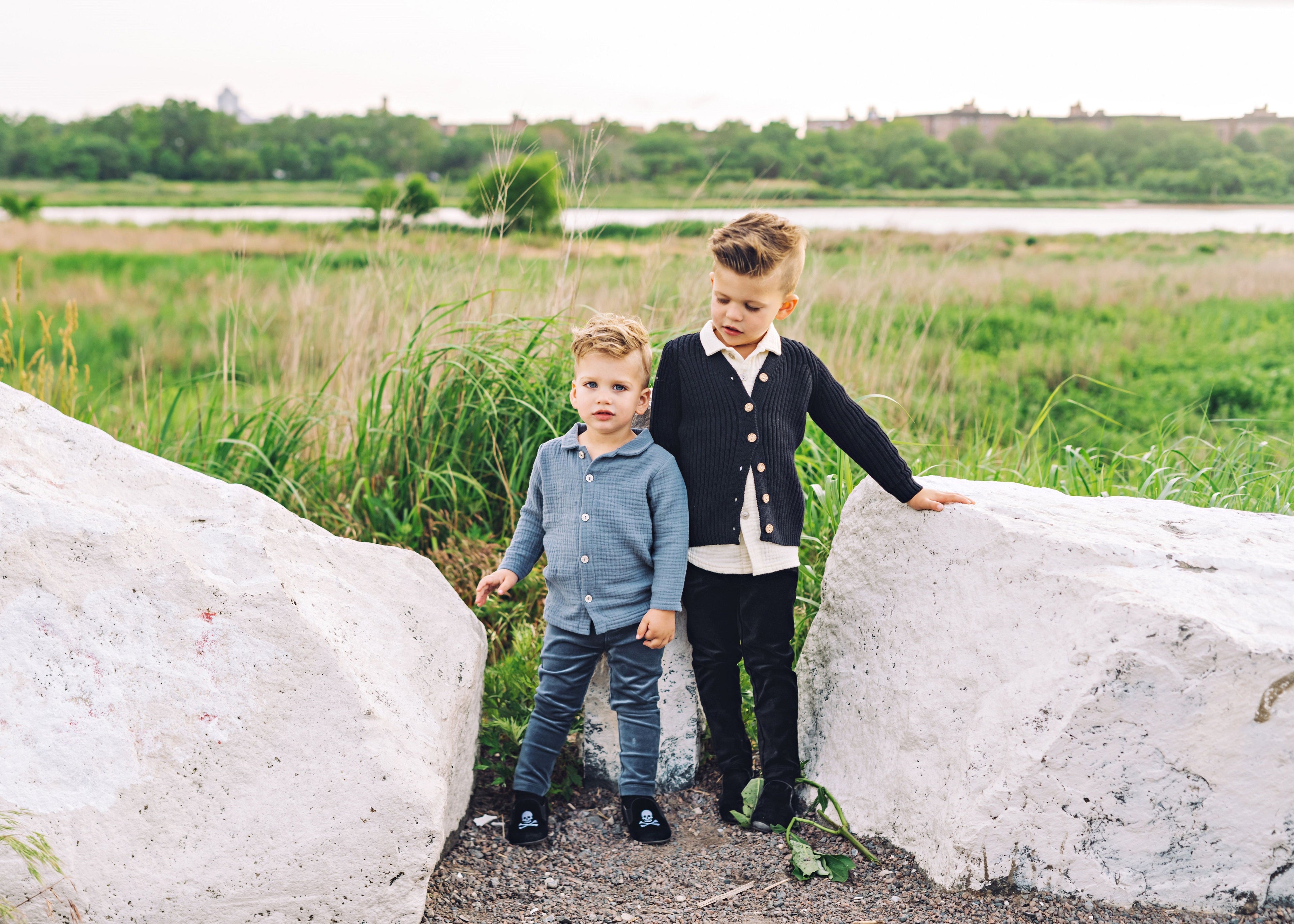 Analogie by Lil Legs Muslin Button Down Shirt - Blue/Grey
